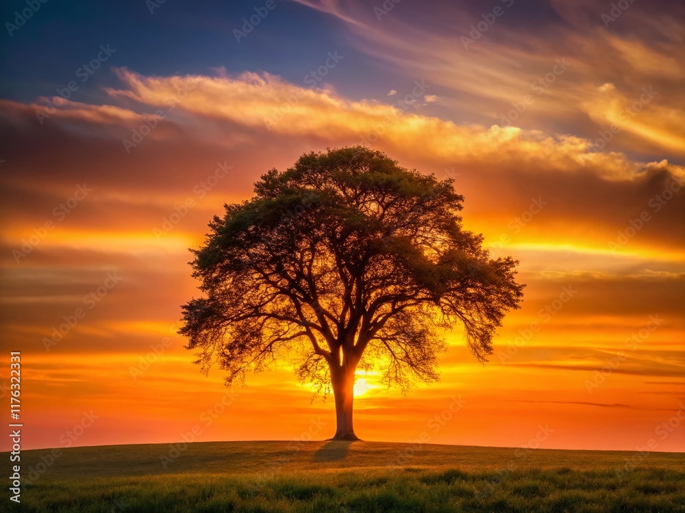 Silhouette of a lone tree against a vibrant sunset gradient sky Silhouette of a lone tree against a vibrant sunset gradient sky