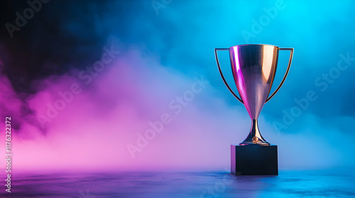 Award ceremony for champions indoor event space trophy display colorful background close-up celebration of achievement photo