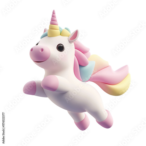 Adorable pastel-colored unicorn jumping in 3d illustration isolated on transparent background. photo