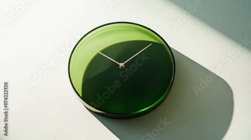 60.A simple, elegant green clock with the hands pointing precisely at 10 oâ€™clock, with a soft shadow effect, giving the clock a sleek, three-dimensional appearance against a light background. photo