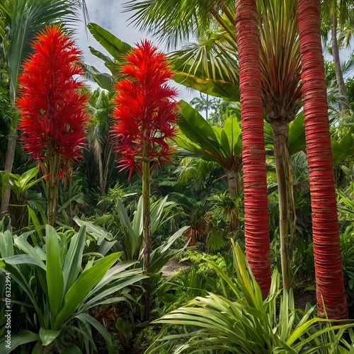 Vibrant Tropical Landscape Featuring Cyrtostachys Renda with Red Stems photo