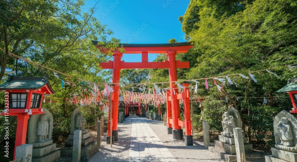 Traditional torii gate in serene shrine setting with lanterns and trees Traditional torii gate in serene shrine setting with lanterns and trees
