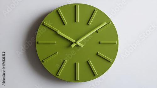 56.A vibrant green clock with sleek, minimalist hands positioned at exactly 10 oâ€™clock, set against a light background, with bold hour markers providing a modern and fresh look.
