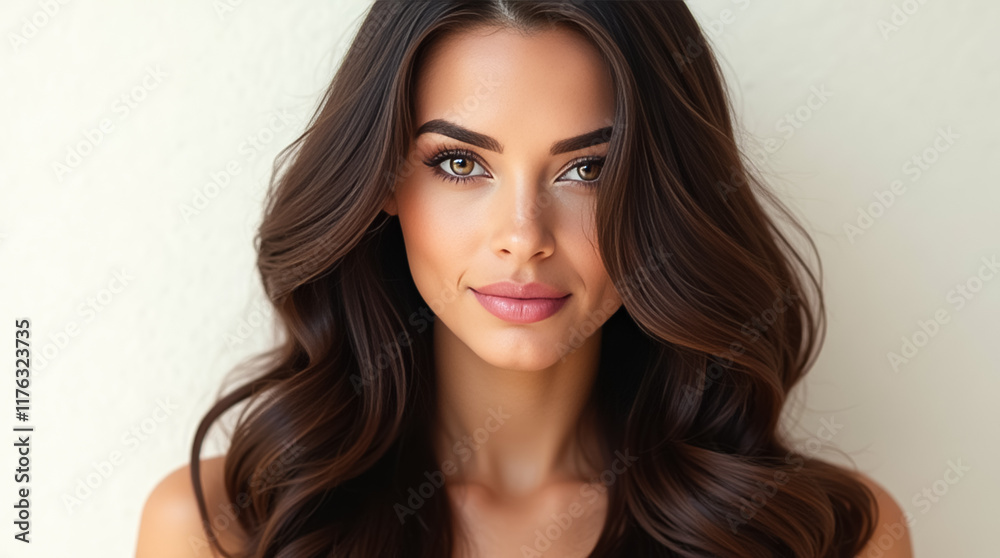 Naklejka premium Premium hair dye showcases a woman with glossy, well-groomed dark hair, radiating confidence and style