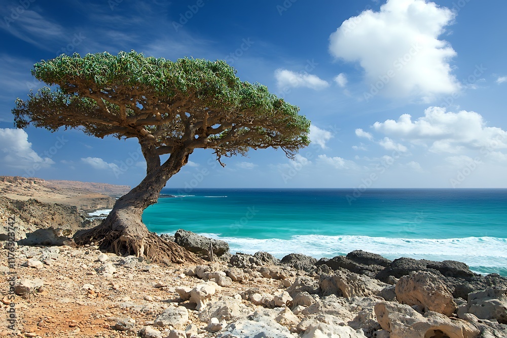 Scenic view of a dragon blood tree overlooking the turquoise waters of the indian ocean in socotra island, yemen Scenic view of a dragon blood tree overlooking the turquoise waters of the indian ocean in socotra island, yemen