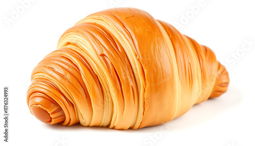 A delectable, golden-brown croissant, presented against a pure white background.