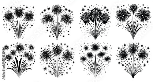 Fireworks exploding vector illustration, Celebrations fireworks vector silhouettes, Festive fireworks silhouettes vector design, Abstract fireworks vector silhouettes, Black fireworks silhouettes
