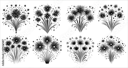Fireworks exploding vector illustration, Celebrations fireworks vector silhouettes, Festive fireworks silhouettes vector design, Abstract fireworks vector silhouettes, Black fireworks silhouettes