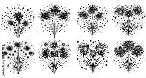 Fireworks exploding vector illustration, Celebrations fireworks vector silhouettes, Festive fireworks silhouettes vector design, Abstract fireworks vector silhouettes, Black fireworks silhouettes