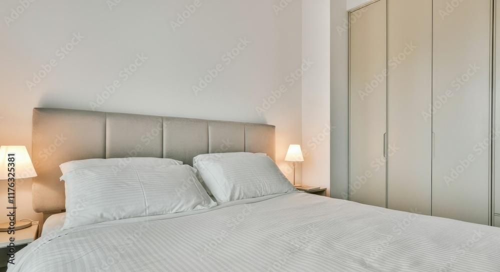 Fototapeta premium Minimalist bedroom with neutral tones, white bedding, and soft lighting