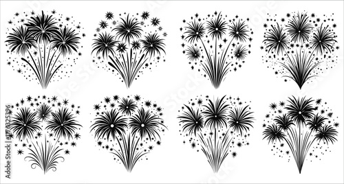 Fireworks exploding vector illustration, Celebrations fireworks vector silhouettes, Festive fireworks silhouettes vector design, Abstract fireworks vector silhouettes, Black fireworks silhouettes