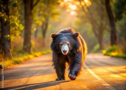 Sloth Bear Crossing Road, Tadoba Andhari Tiger Reserve, India - Wildlife Photography photo