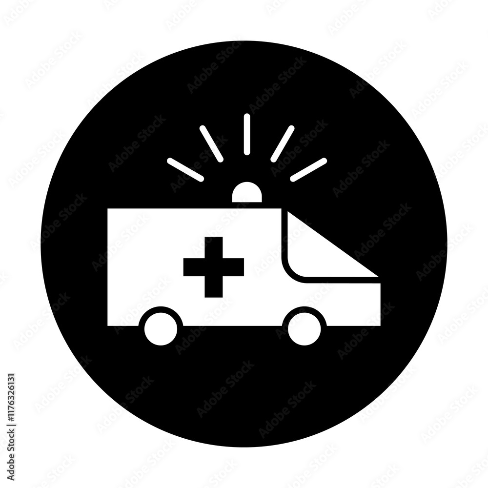 Medical and healthcare icon in black. Ambulance black circle icon. Medical and healthcare icon in black. Ambulance black circle icon.
