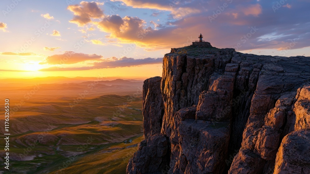 Fototapeta premium Majestic Sunset Over Rugged Mountain Cliffs Overlooking a Serene Valley Landscape