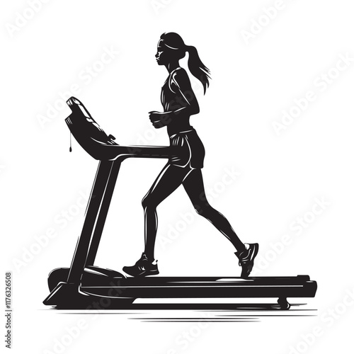 Fitness girl running on treadmill silhouette image vector isolated on white background.