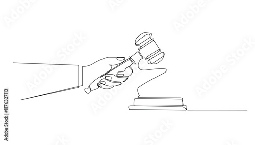 continuous line drawing of the judge's hand tapping the gavel.one line drawing of the judge making a decision.judicial process one line concept.isolated white background