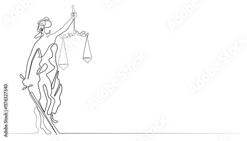 continuous line drawing of blind justice.abstract single line art statue of blind justice,with scales of justice and sword.one line vector illustration