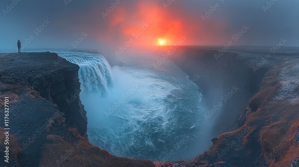 Fototapeta premium A dramatic waterfall scene at sunset, enveloped in mist and showcasing nature's beauty.