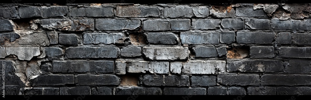 Fototapeta premium Dark, aged brick wall with crumbling sections and holes.