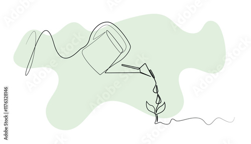 line art drawing of watering plant seeds.one line vector illustration.isolated white background