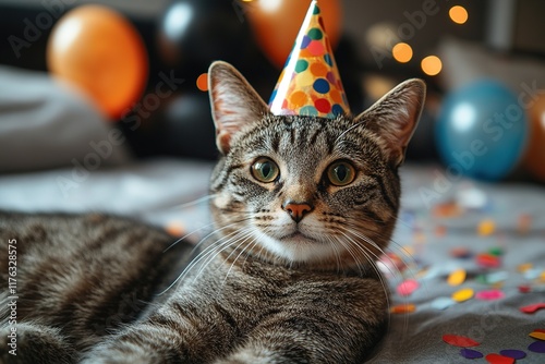 A festive cat wearing a party hat surrounded by colorful confetti and balloons, celebrating a special occasion. photo