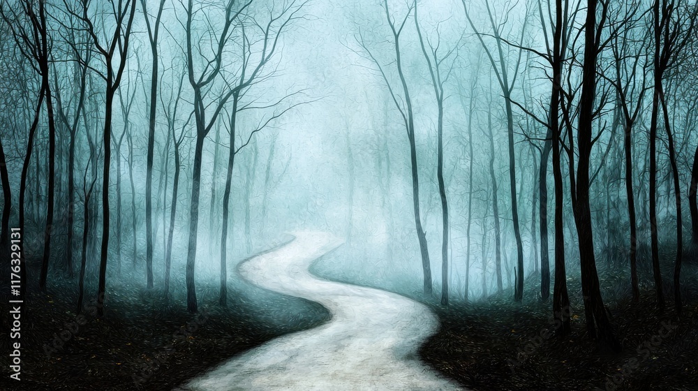 Obraz premium Mysterious Winding Path Through Eerie Misty Forest Landscape