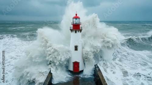 Powerful Waves Crashing Against Iconic Lighthouse in Stormy Weather Seascape