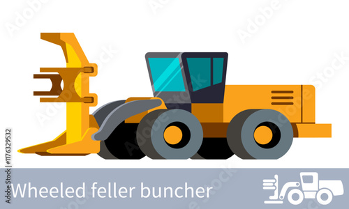Forestry wheeled feller buncher front side view minimalistic icon vehicle. Forestry construction equipment isolated vector. Color icon illustration on white background