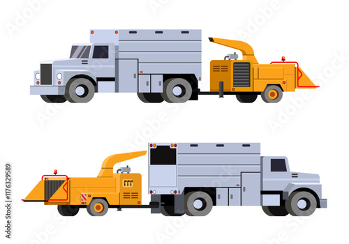 Chip truck trailed tree chipper. Yellow wood chipper for chipping felled trees and brunches after tree trimming into back of chip truck. Front and back side view. Vector clip art on white background