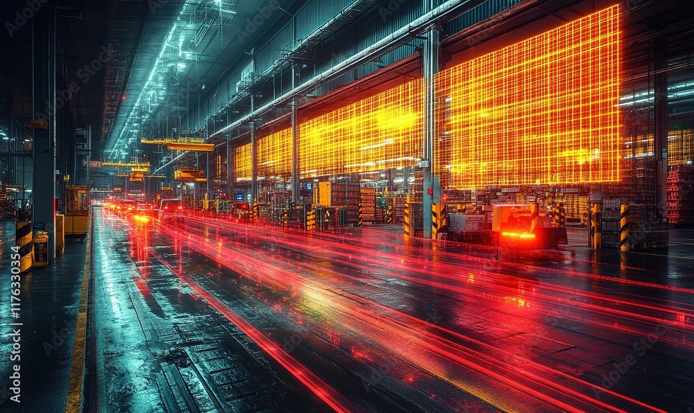 Fototapeta premium A vibrant industrial scene with dynamic light trails, showcasing a busy warehouse environment.