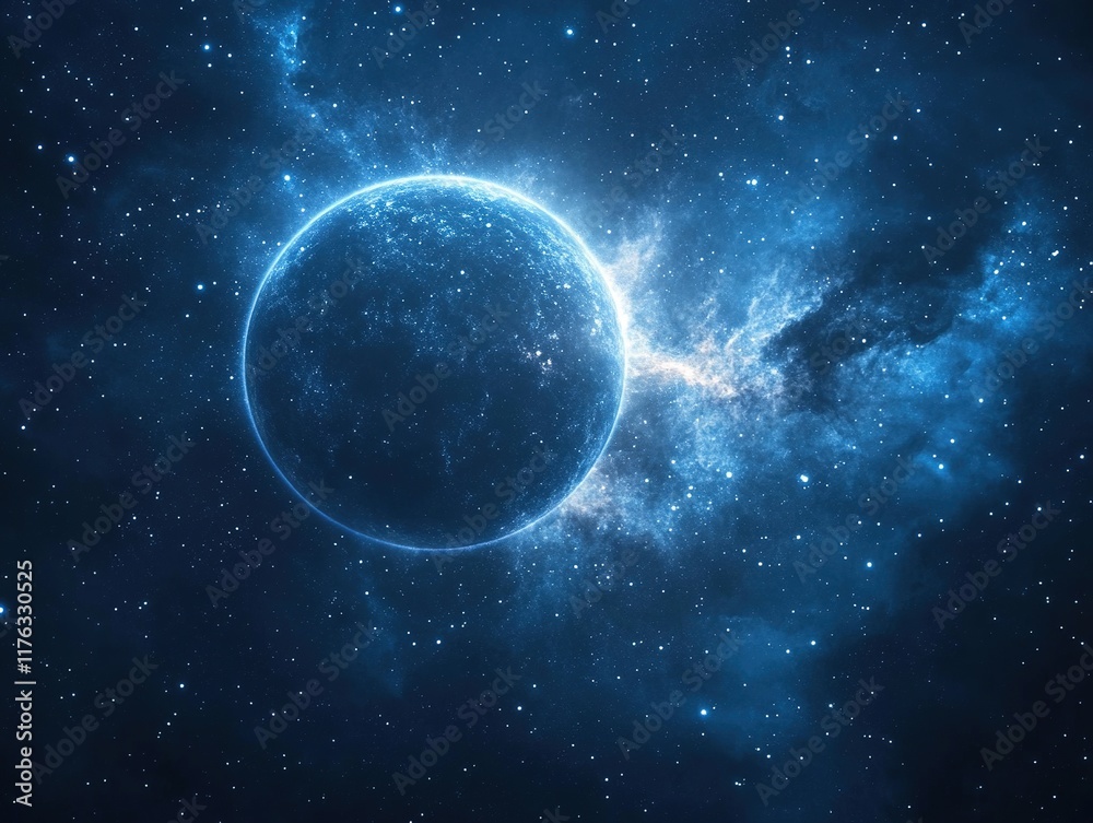 Obraz premium A vibrant depiction of a planet surrounded by cosmic elements in a starry universe.