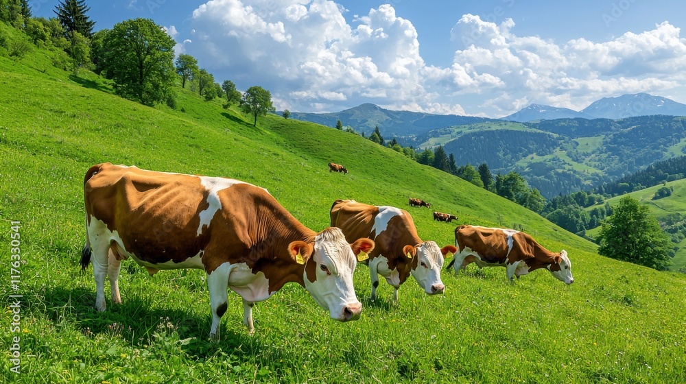 Scenic Alpine Meadow with Grazing Cows in Picturesque Mountain Landscape Scenic Alpine Meadow with Grazing Cows in Picturesque Mountain Landscape