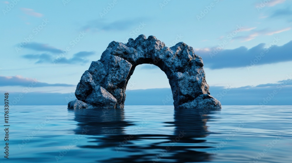 Fototapeta premium Majestic Arched Rock Formation Reflecting in Tranquil Ocean at Sunset