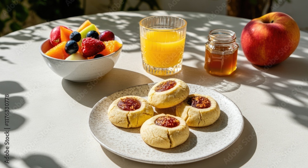 Breakfast table with jam cookies, fruit salad, juice, honey, and apple Breakfast table with jam cookies, fruit salad, juice, honey, and apple