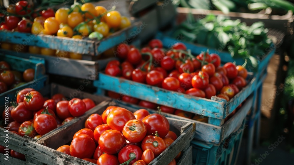 Freshly Harvested Tomatoes Displayed in Rustic Wooden Crates at an Outdoor Market Surrounded by Green Vegetables and Brightly Colored Produce Freshly Harvested Tomatoes Displayed in Rustic Wooden Crates at an Outdoor Market Surrounded by Green Vegetables and Brightly Colored Produce
