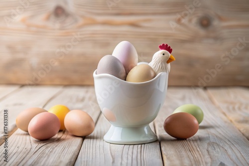 Stylish Easter Egg Cup Photography: Hen-Shaped Ceramic Holder with Pastel Eggs photo