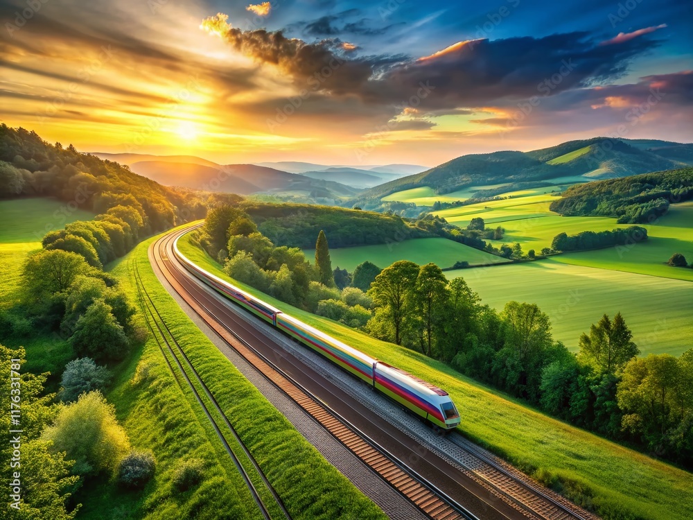 Fototapeta premium Suburban Train Speed Blur Landscape Photography - Fast Commuter Rail