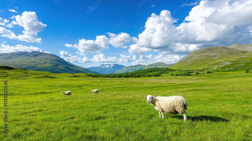 Scenic Pastoral Landscape with Sheep Grazing on Lush Green Meadow under Cloudy Sky Scenic Pastoral Landscape with Sheep Grazing on Lush Green Meadow under Cloudy Sky