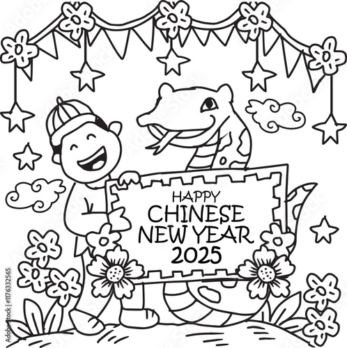 Black and White Cartoon Illustration of Happy Chinese New Year for Coloring Book