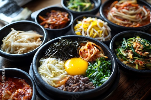 Bibimbap, a mixed rice dish with raw egg yolk, vegetables, meat, and various banchan (side dishes) composing a traditional korean food set photo