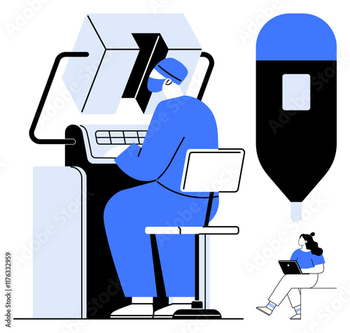 Healthcare professional using advanced medical equipment while sitting on a stool, observer working on a laptop nearby. Ideal for medical technology, health sectors, professional training, healthcare