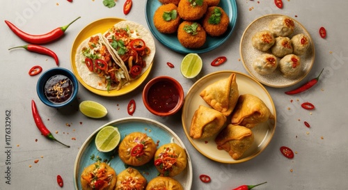 Wallpaper Mural Vibrant assortment of spicy Asian street food, including dumplings, tacos, and fried treats Torontodigital.ca