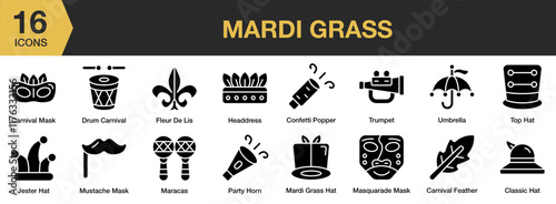 Mardi Gras solid icon set. Includes masquerade, mardi, mardi gras, celebration, and More. Solid icons vector collection.