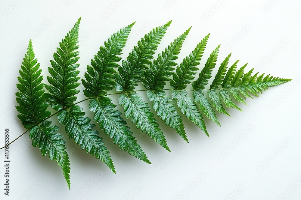 A vibrant green fern leaf displayed on a light background. A vibrant green fern leaf displayed on a light background.