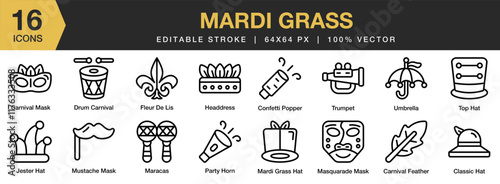 Mardi Gras icon set. Editable Stroke Icon Collection. Includes holiday, carnival, festival, party, traditional, gras, masquerade, and More. Outline icons vector collection.