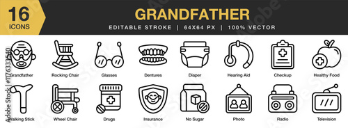 Grandfather icon set. Editable Stroke Icon Collection. Includes Avatar, Elder, Grandfather, Grandpa, Old, Papa, Senior, and More. Outline icons vector collection.