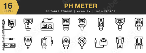 Ph Meter icon set. Editable Stroke Icon Collection. Includes Ph, Meter, Measure, Alkaline, Lab, Chemical, Science, Test, and More. Outline icons vector collection.