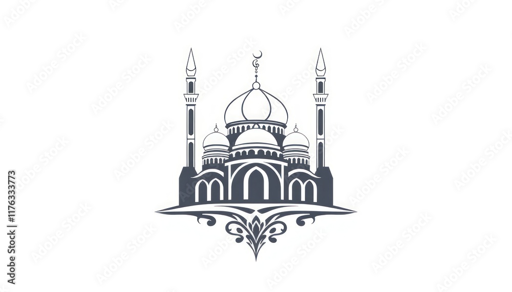 Fototapeta premium A modern mosque monogram featuring layered domes and symmetrical ornamental designs.