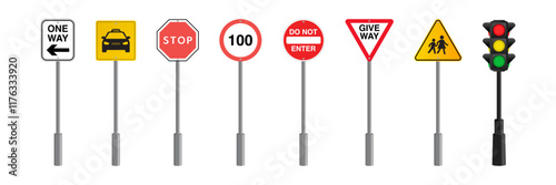 Traffic Light and Road Signs Collection: One Way, Taxi, Stop, Speed Limit, Do Not Enter, Give Way, and School Crossing Symbols. Vector.