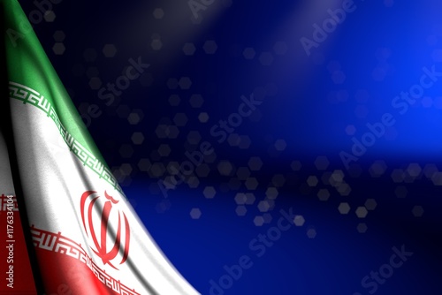 cute image of Iran flag hangs in corner on blue with selective focus and empty space for text - any feast flag 3d illustration..
